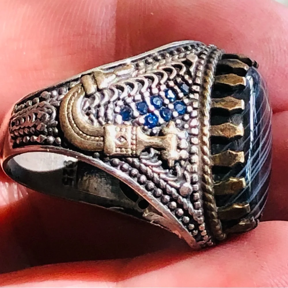 Men’s Sterling Striped Agate Ring Made In Turkey Blue Stones Size 10 Handmade